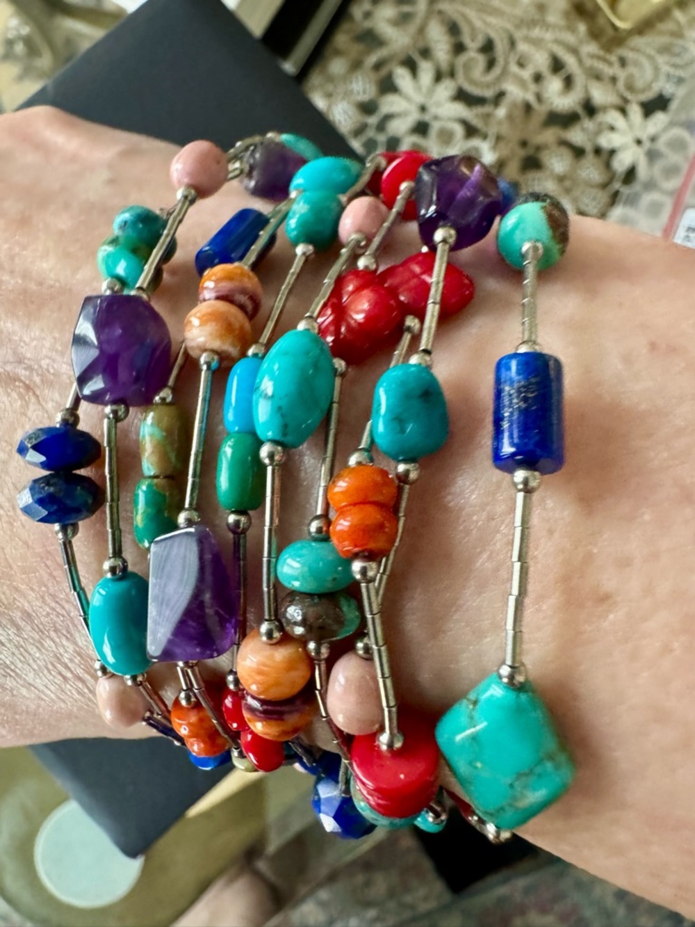 Fabulous Vibrant Silver Multicolor Beaded Multi-Strand Bracelet - Gemstone Mix - Picture 9 of 9